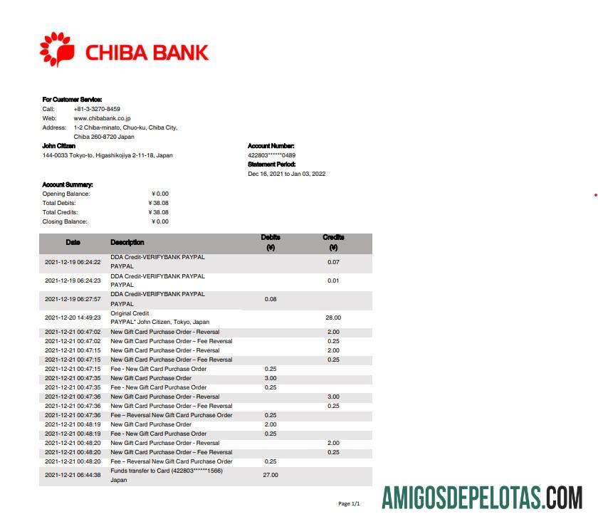Modelo de extrato bancário do Japão Chiba para download em formato Word e PDF